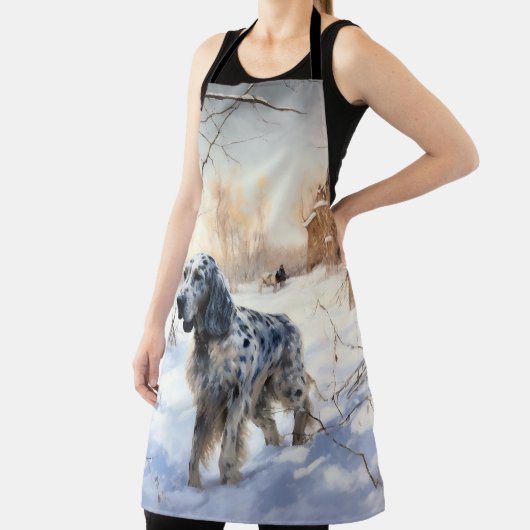 イギリスのセッターが雪のクリスマスを過ごす エプロン (インサイチュ)