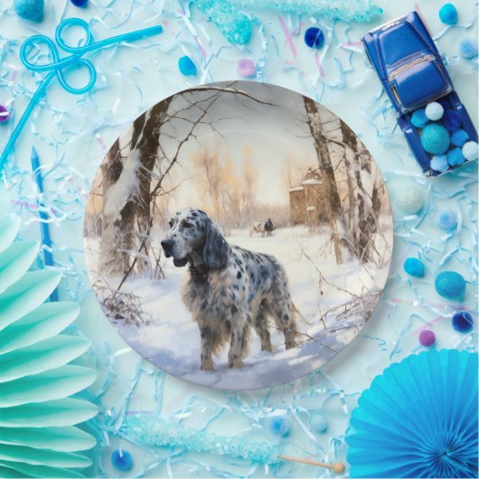 イギリスのセッターが雪のクリスマスを過ごす ペーパープレート (パーティー)