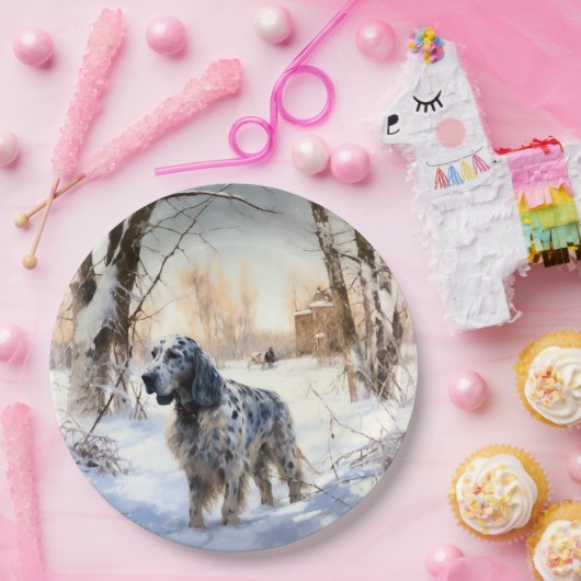イギリスのセッターが雪のクリスマスを過ごす ペーパープレート (パーティー)