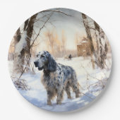 イギリスのセッターが雪のクリスマスを過ごす ペーパープレート (正面)