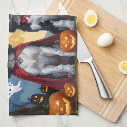 イギリスのセッタードッグズカボチャおもしろいハロウィーン キッチンタオル (四つ折り)