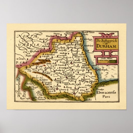 イギリスのダーラム郡の地図の司教 ポスター (正面)