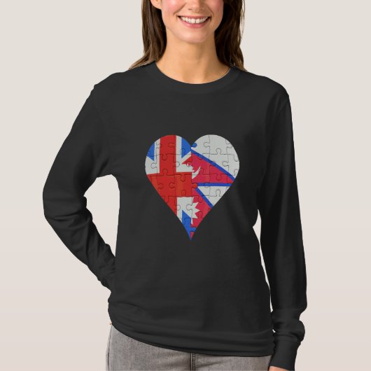 イギリスのネパール国旗のハート Tシャツ (正面)