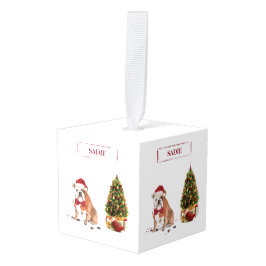 イギリスのブルドッグおもしろいクリスマスドッグと木 キューブオーナメント