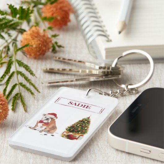 イギリスのブルドッグおもしろいクリスマスドッグと木 キーホルダー (正面右)