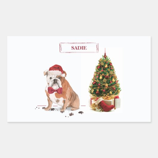 イギリスのブルドッグおもしろいクリスマスドッグと木 長方形シール (正面)