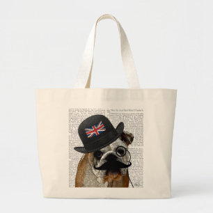 イギリスのブルドッグおよび山高帽 ラージトートバッグ