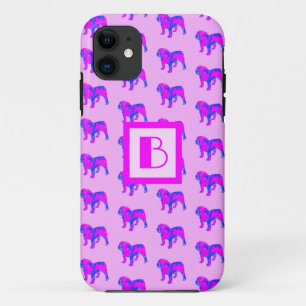 イギリスのブルドッグかわいいピンクブルーシルエットモノグラム iPhone 11 ケース