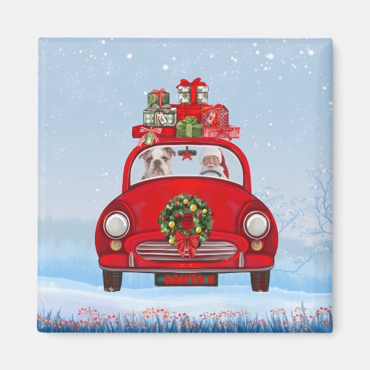 イギリスのブルドッグがサンタクロースと一緒に車に マグネット (正面)