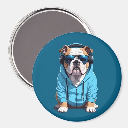 イギリスのブルドッグがフード付きスウェットシャツ音楽おもしろいをクール着て マグネット (正面/裏面)