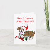 イギリスのブルドッグとクリスマスライトメリークリスマス シーズンカード (正面)