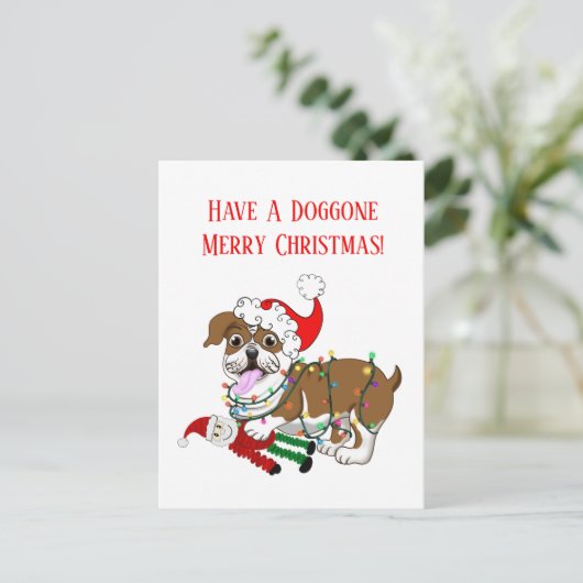 イギリスのブルドッグとクリスマスライトメリークリスマス シーズンポストカード (スタンド正面)