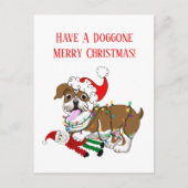 イギリスのブルドッグとクリスマスライトメリークリスマス シーズンポストカード (正面)