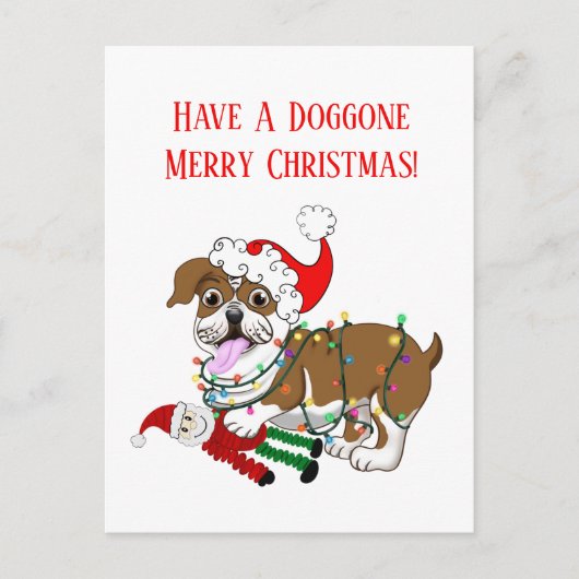 イギリスのブルドッグとクリスマスライトメリークリスマス シーズンポストカード (正面)