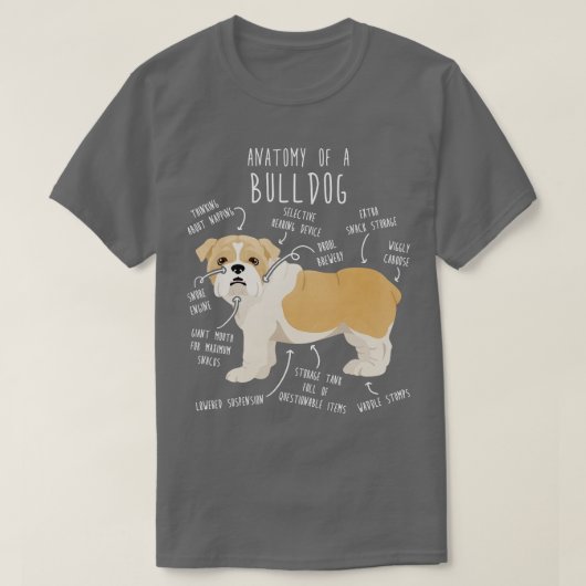 イギリスのブルドッグの子犬と白犬の解剖学 Tシャツ (デザイン正面)