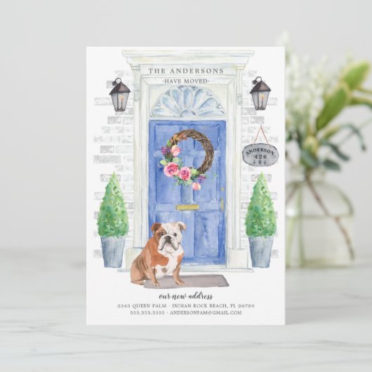 イギリスのブルドッグの玄関ドアが動く告知 招待状 (スタンド正面)