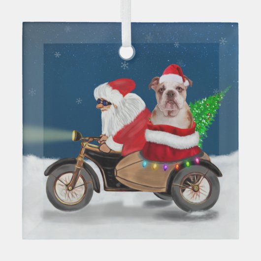イギリスのブルドッグクリスマスサンタクロース ガラスオーナメント (正面)