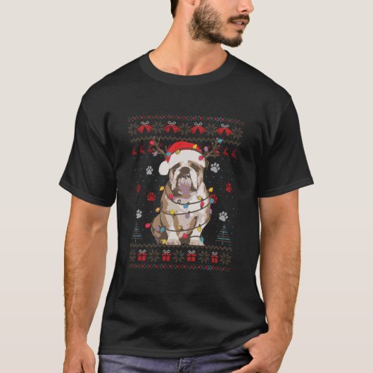 イギリスのブルドッグクリスマスライトサンタドッグ愛好家U Tシャツ (正面)