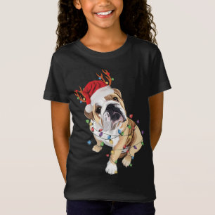 イギリスのブルドッグサンタハットトナカイのクリスマスライト Tシャツ