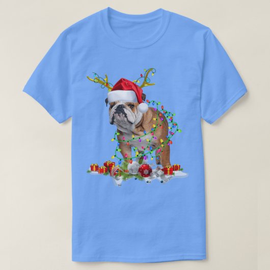 イギリスのブルドッグサンタハットトナカイのクリスマスライト Tシャツ (デザイン正面)