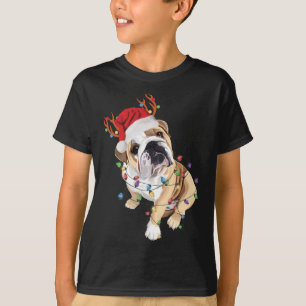 イギリスのブルドッグサンタハットトナカイのクリスマスライト Tシャツ