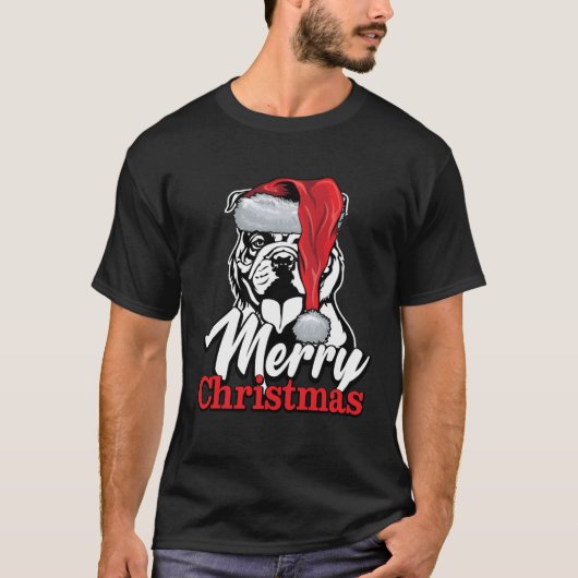 イギリスのブルドッグサンタハットメリークリスマス Tシャツ (正面)