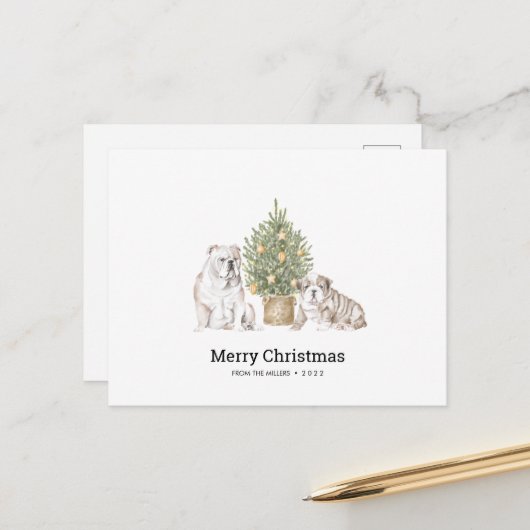 イギリスのブルドッグファミリー付きクリスマスカード ポストカード (正面/裏面インサイチュ)
