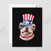 イギリスのブルドッグ・アメリカ国旗の帽子7月4日 ポストカード (正面/裏面)