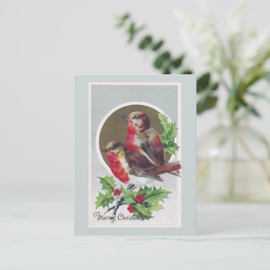 イギリスのロビンズとホリービンテージクリスマス シーズンポストカード (スタンド正面)