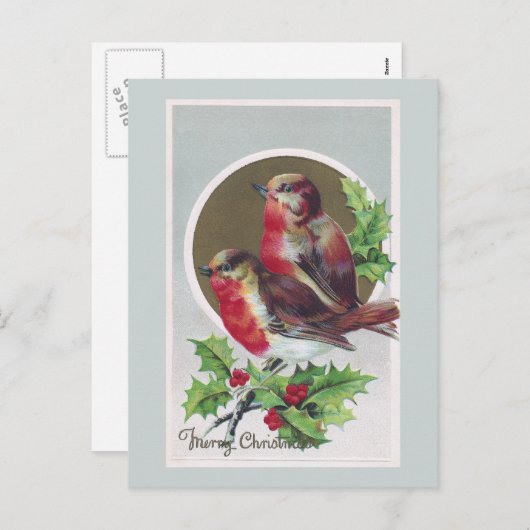 イギリスのロビンズとホリービンテージクリスマス シーズンポストカード (正面/裏面)