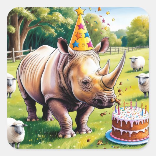 イギリスの国で誕生日の帽子をかぶったRhino スクエアシール (正面)