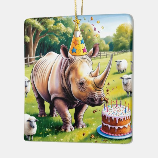 イギリスの国で誕生日の帽子をかぶったRhino セラミックオーナメント (左)