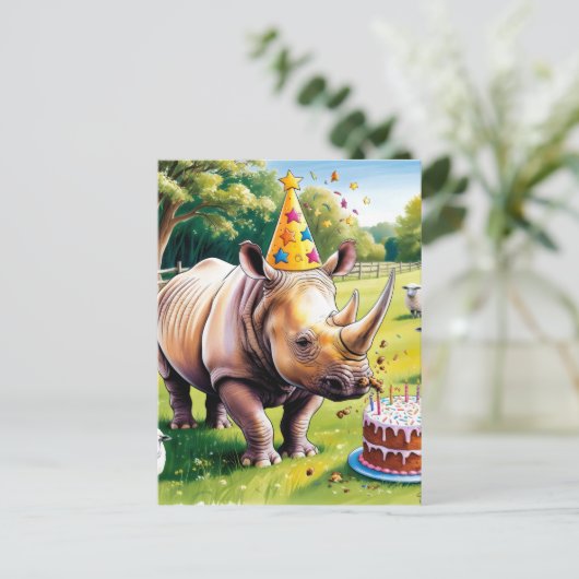 イギリスの地方で誕生日の帽子をかぶったサイ ポストカード (スタンド正面)