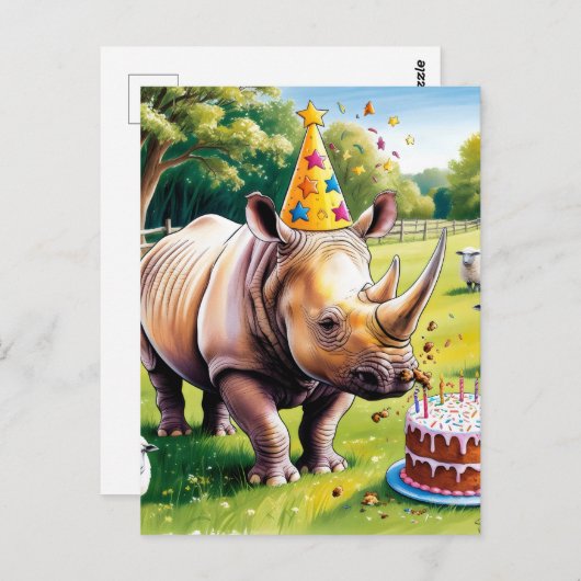 イギリスの地方で誕生日の帽子をかぶったサイ ポストカード (正面/裏面)