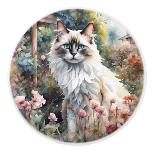 イギリスの庭でのラグドール猫 セラミックノブ (正面)
