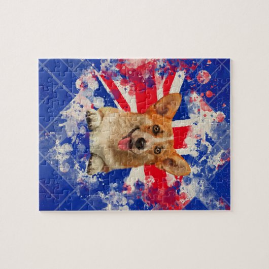 イギリスの旗が付いているコーギーのポートレート ジグソーパズル (横)