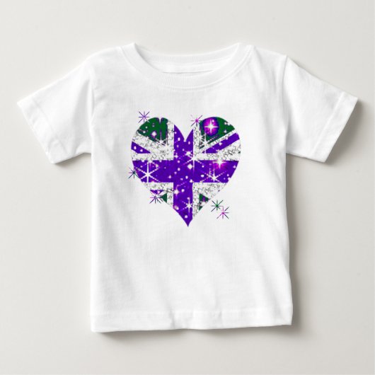 イギリスの旗のきらめくハートの子供 ベビーTシャツ (正面)