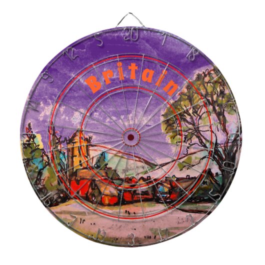 イギリスの牧歌的な村とダークスカイのスケッチ ダーツボード (正面)