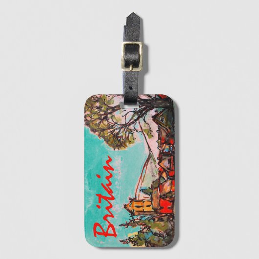 イギリスの牧歌的な村のスケッチアート ラゲッジタグ (正面縦)