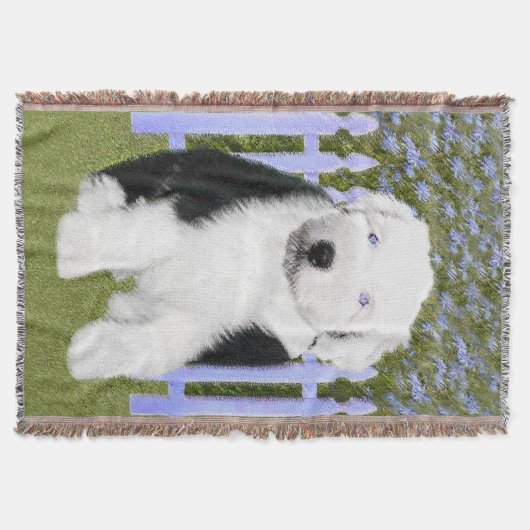 イギリスの牧羊犬の子犬絵画-犬芸術 スローブランケット (正面)