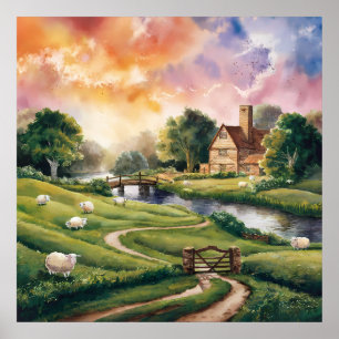 イギリスの田舎の水彩風景絵を描ズ ポスター