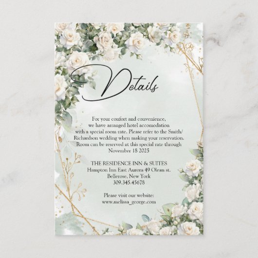 イギリスの白いバラのユーカリの緑と金ゴールド エンクロージャーカード (正面)