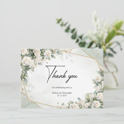 イギリスの白いバラのユーカリの緑と金ゴールド サンキューカード (スタンド正面)