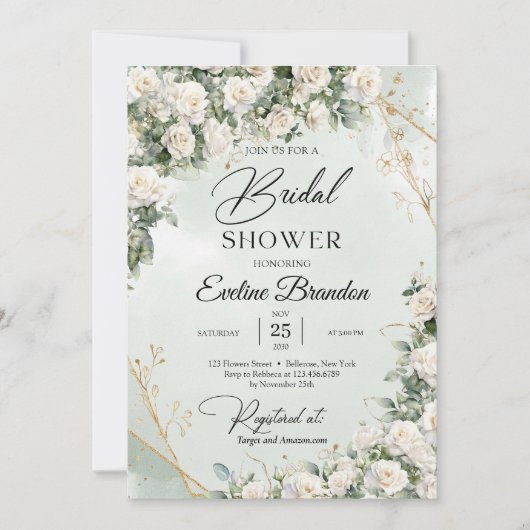 イギリスの白いバラのユーカリの緑と金ゴールド 招待状 (正面)