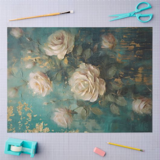 イギリスの白いバラの金ゴールドホイルのセージ緑のミックスメディア 薄葉紙 (クラフト)