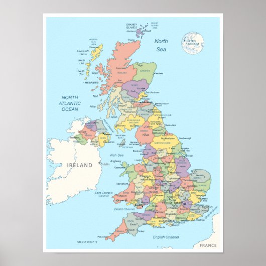 イギリスの詳細地図 ポスター (正面)