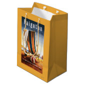 イギリスの鉄道のビーチチェアおよび球ポスター ミディアムペーパーバッグ (裏面アングル)