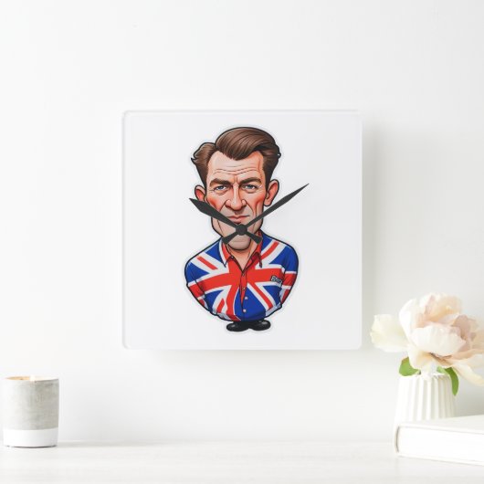 イギリスイギリスの男の風刺画とユニオンジャック国旗 スクエア壁時計 (ホーム)