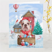 イギリスブルドッグのクリスマス　雪の犬小屋 カード (黄色い花)