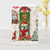 イギリス人ブルドッグのクリスマス カード (黄色い花)